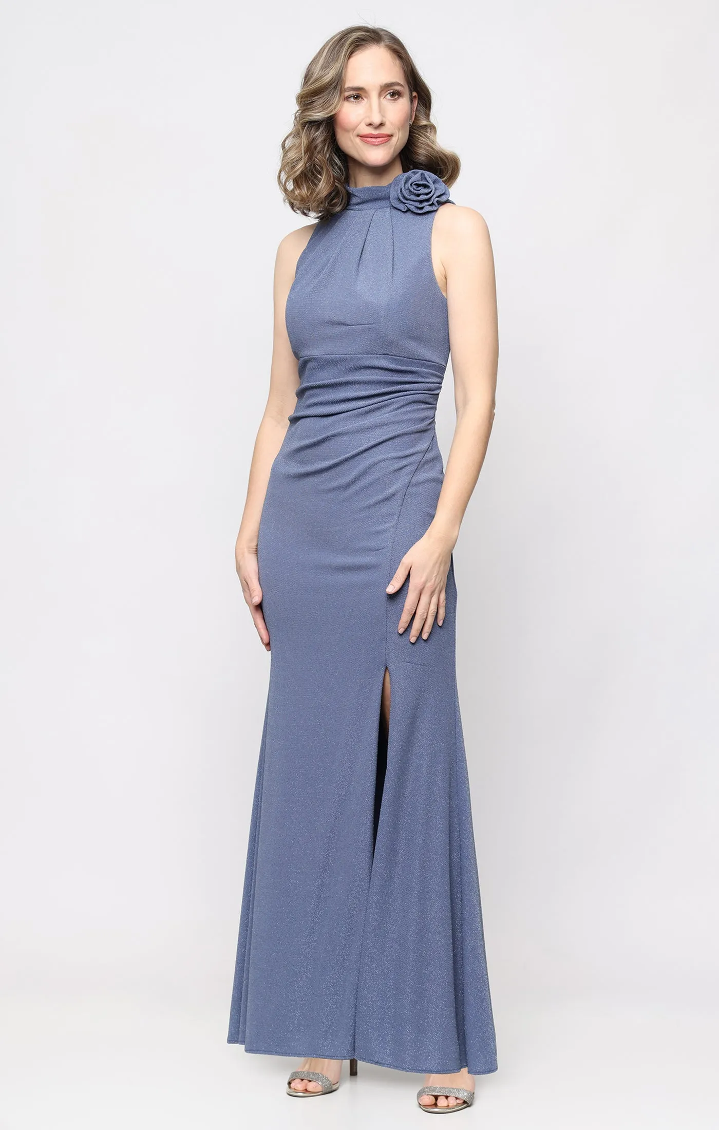 Petite Metallic Knit Halter Dress with Flower Detail sold by Alex Evenings
