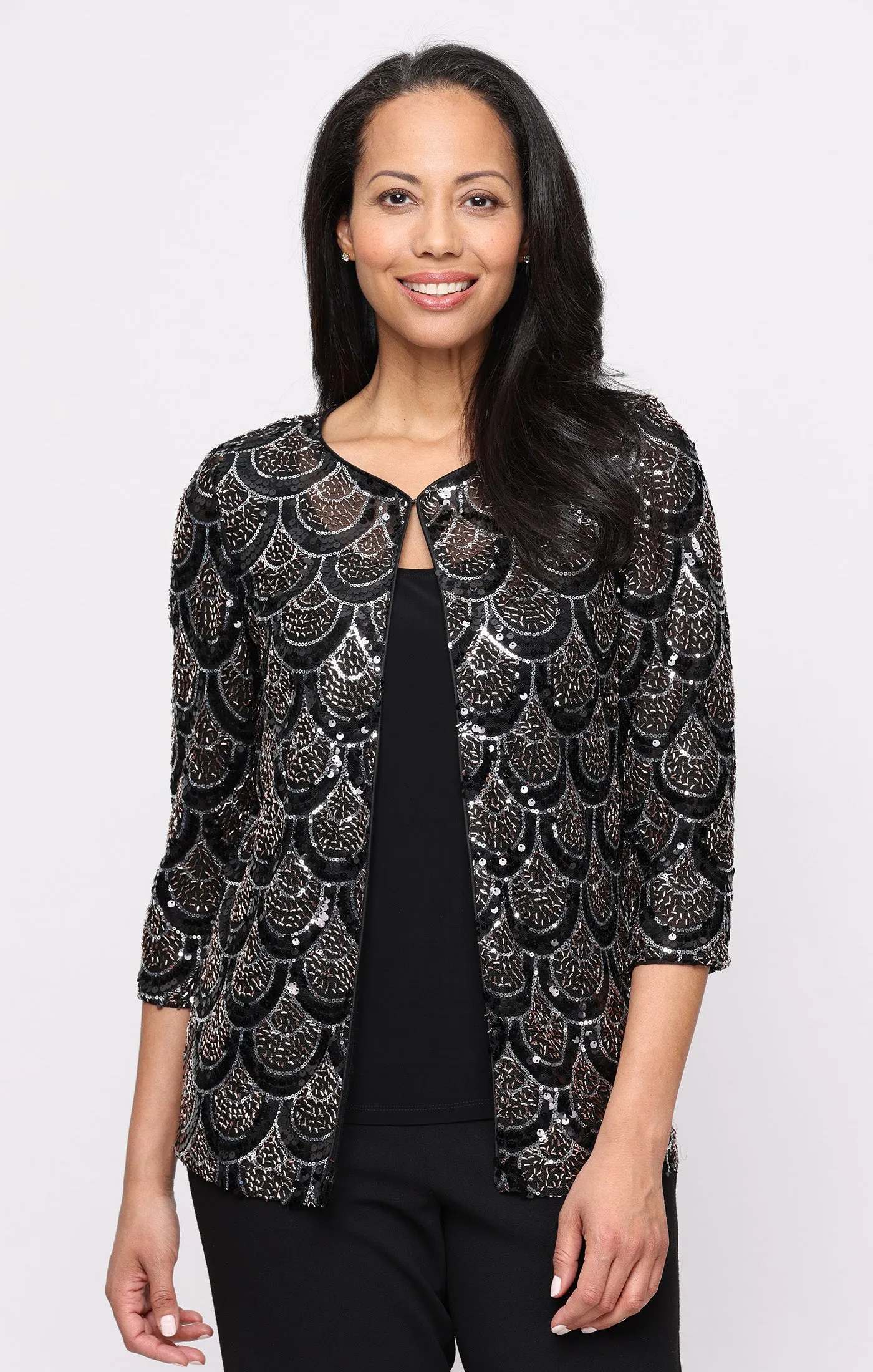 3/4 Sleeve Sequin Mock Twinset With Attached Jacket sold by Alex Evenings