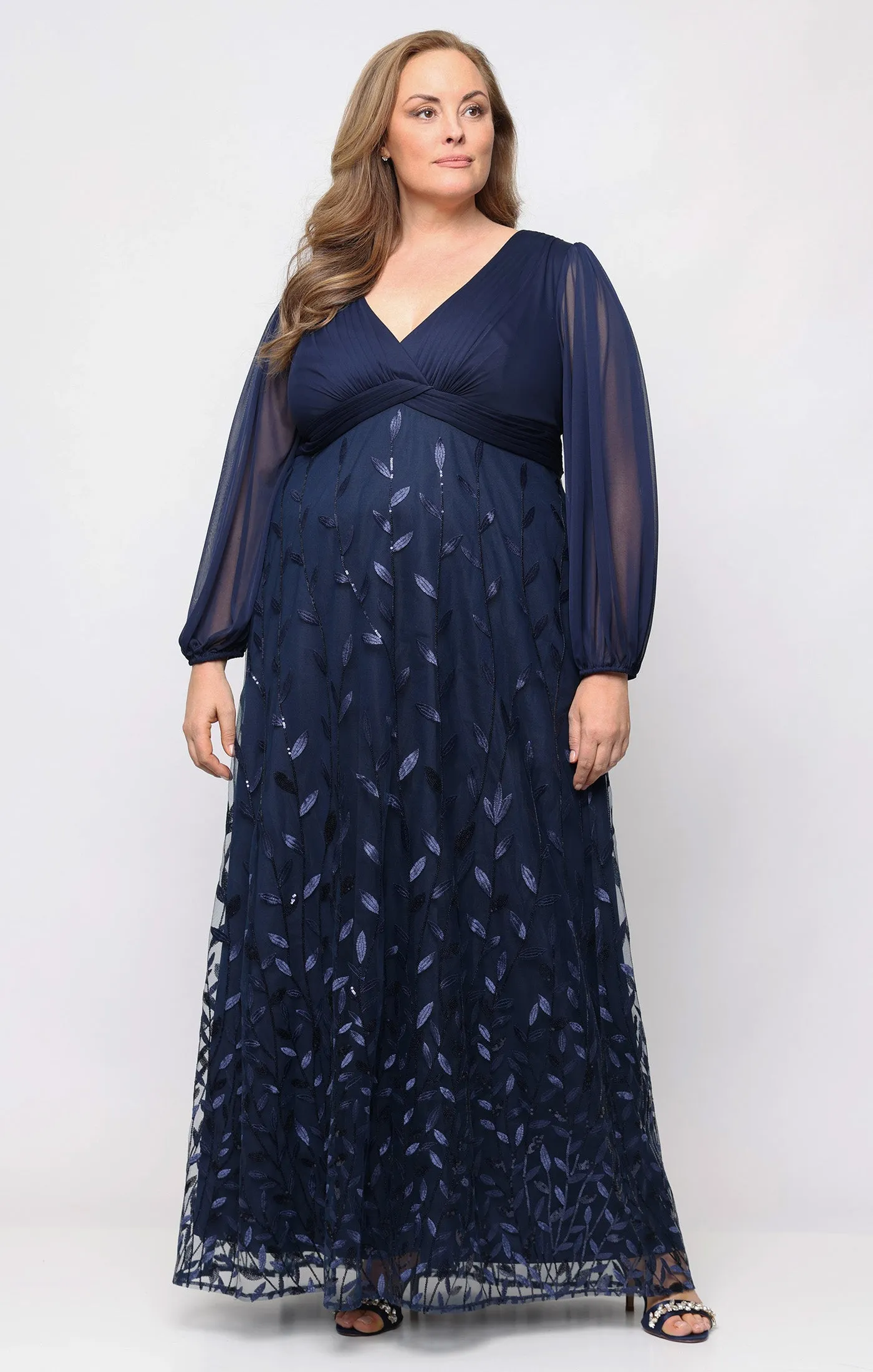 Long Embroidered Dress with Mesh Empire Waist sold by Alex Evenings