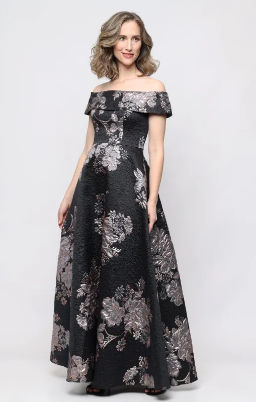 *Long Jacquard Off the Shoulder Gown with Foldover Neckline made by Alex Evenings