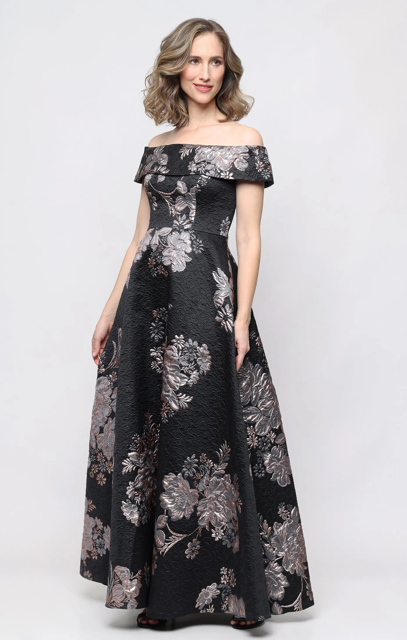 *Long Jacquard Off the Shoulder Gown with Foldover Neckline sold by Alex Evenings