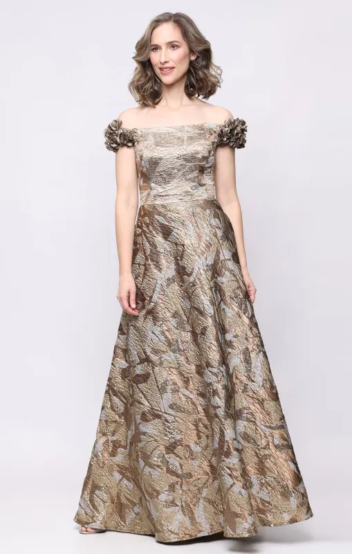 *Long Jacquard Off the Shoulder Dress with 3-D Flower Detail made by Alex Evenings