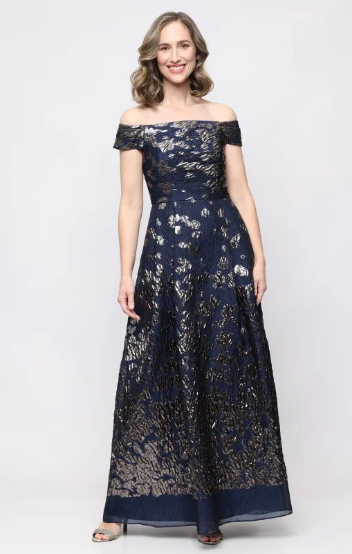 *Long Off the Shoulder Foil Jacquard Dress with Pleated Bodice Detail made by Alex Evenings