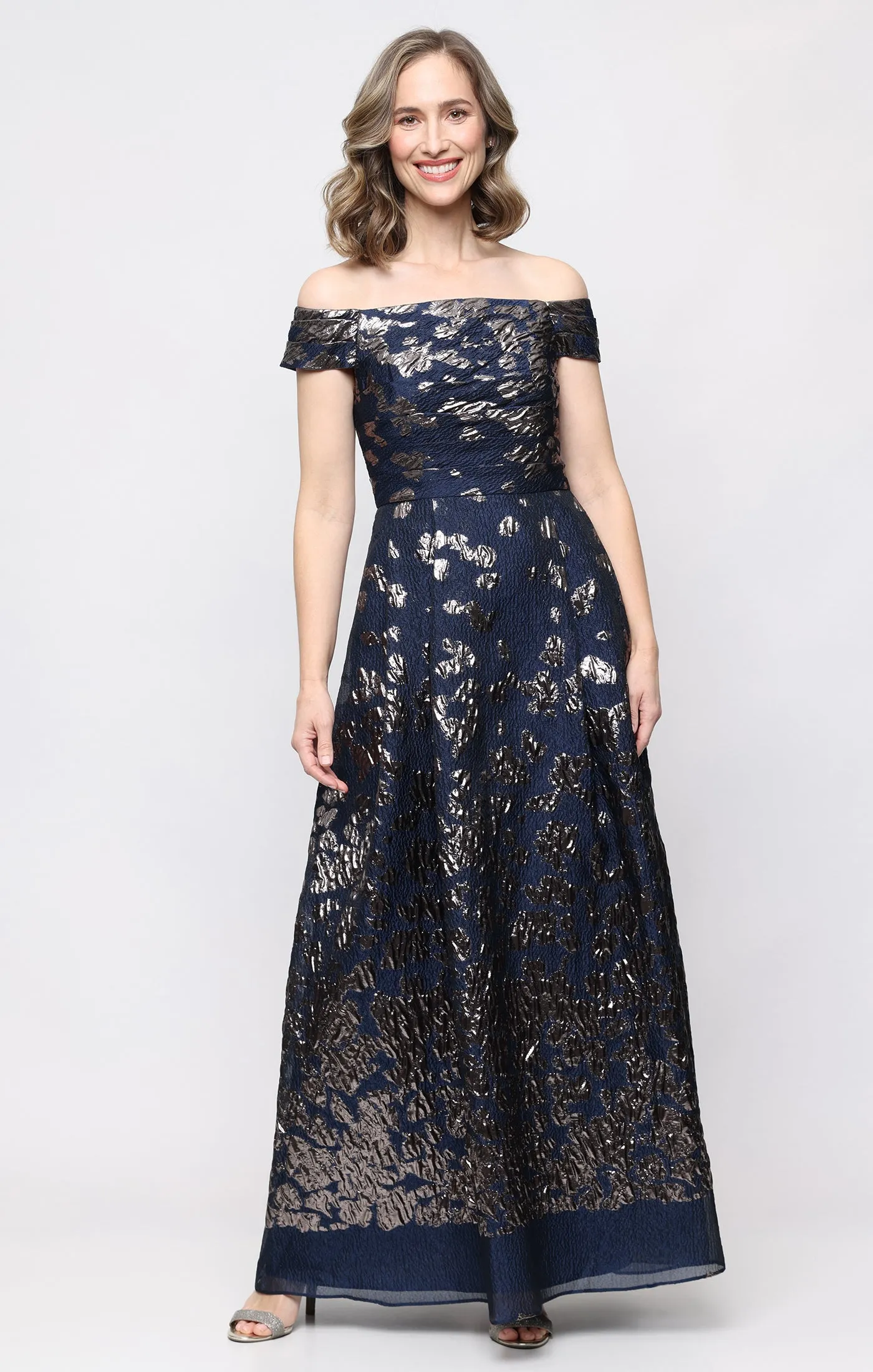 *Long Off the Shoulder Foil Jacquard Dress with Pleated Bodice Detail sold by Alex Evenings