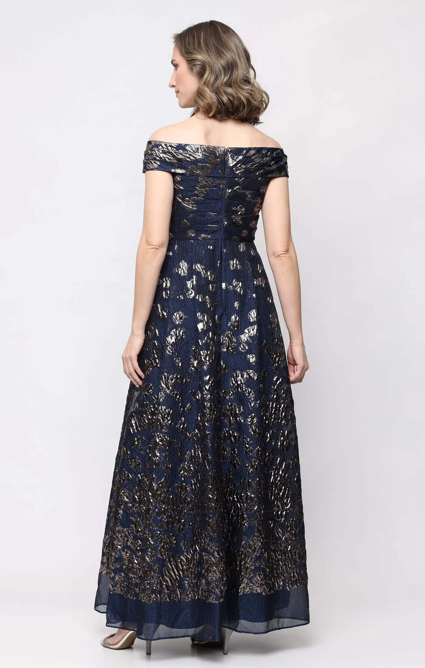 *Long Off the Shoulder Foil Jacquard Dress with Pleated Bodice Detail sold by Alex Evenings product image thumbnail 3