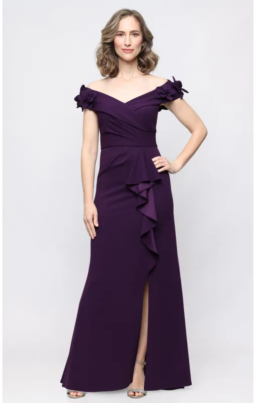 *Long Stretch Crepe Off the Shoulder Dress with 3-D Flower Detail made by Alex Evenings