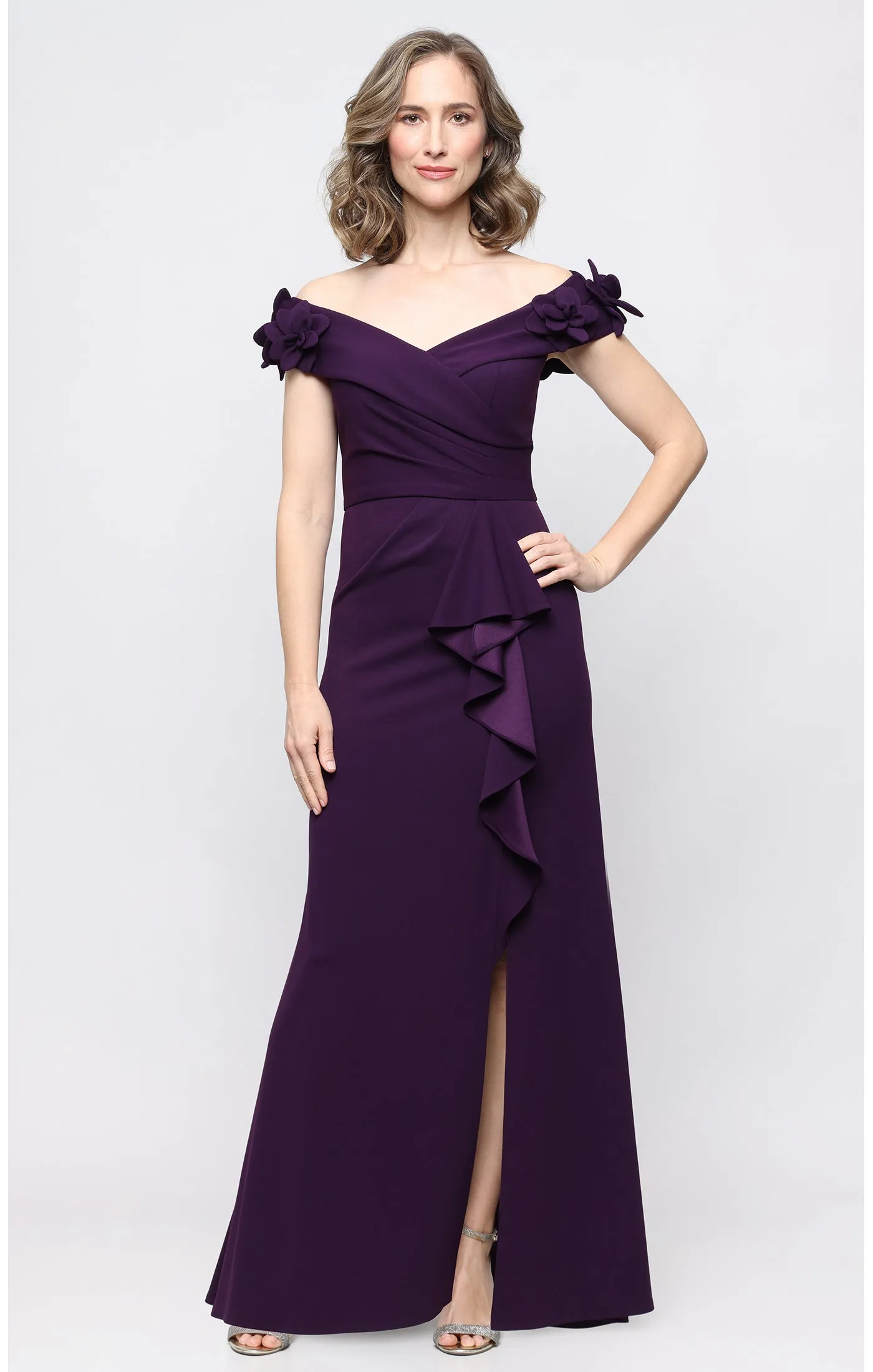 *Long Stretch Crepe Off the Shoulder Dress with 3-D Flower Detail sold by Alex Evenings