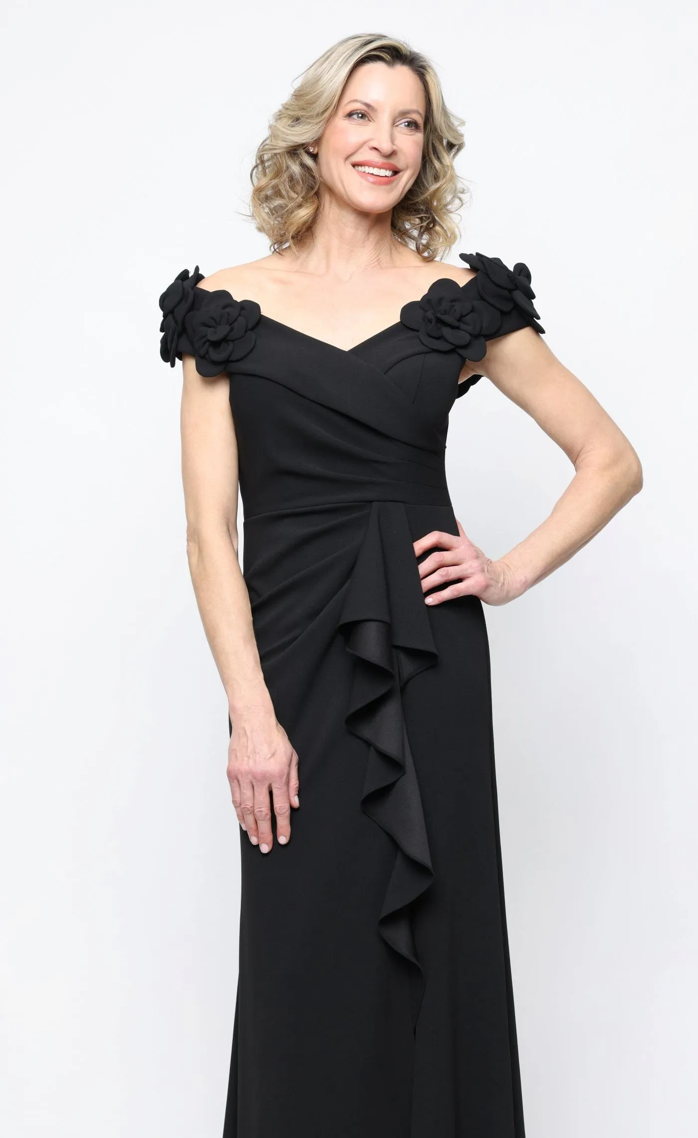 *Long Stretch Crepe Off the Shoulder Dress with 3-D Flower Detail sold by Alex Evenings product image thumbnail 5