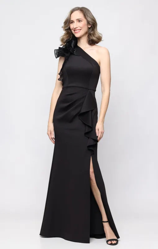 *Long Stretch Scuba One Shoulder Dress with Dramatic Ruffle Detail made by Alex Evenings