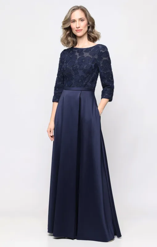 *Long A-Line Dress with Beaded Bodice and Mikado Skirt made by Alex Evenings