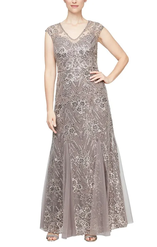 Regular - Long V-Neck Embroidered Fit and Flare Dress With Illusion Neckline, Godet Detail Skirt and Shawl made by Alex Evenings