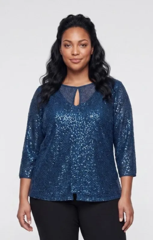 Plus 3/4 Sleeve Sequin Crochet Mock Twinset made by Alex Evenings