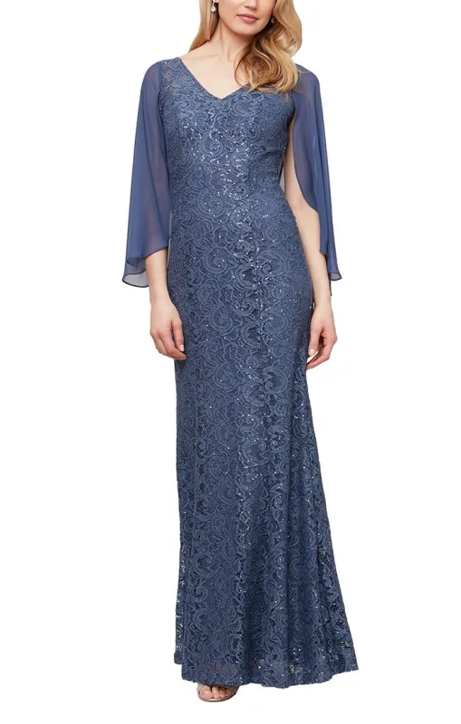 Regular - Long Sequin Lace V-Neck Gown with Attached Chiffon Cape made by Alex Evenings