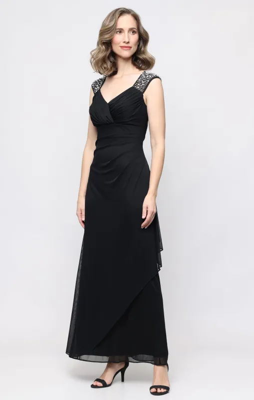 Petite - Long Mesh Empire Waist Dress with Cascade Overlay Skirt made by Alex Evenings