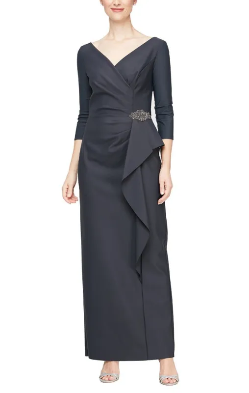 Compression Dress with Surplice Neckline, Cascade Ruffle Skirt and Embellishment at Hip sold by Alex Evenings