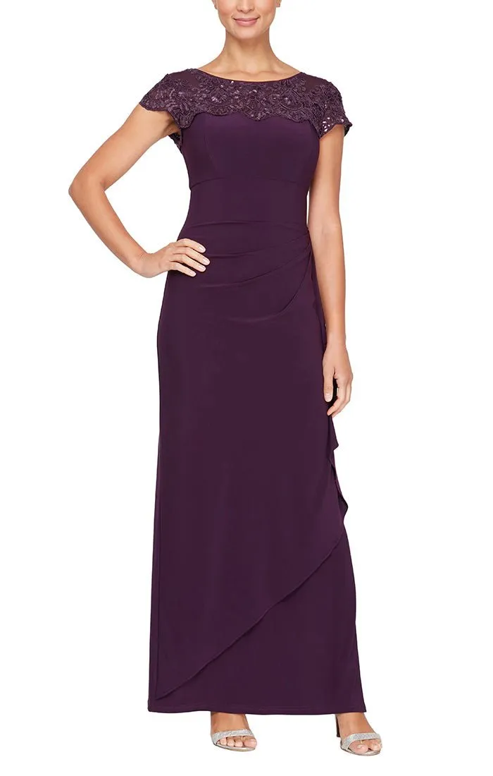 Regular - Empire Waist Dress with Cascade Detail Skirt and Embroidered Illusion Neckline sold by Alex Evenings