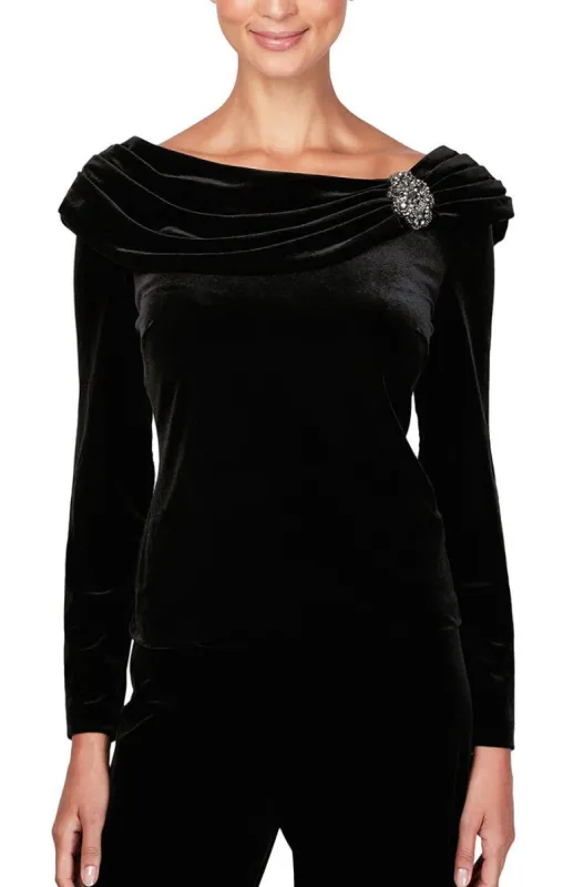 Long Sleeve Velvet Blouse with Ruched Collar Neckline & Decorative Broach sold by Alex Evenings