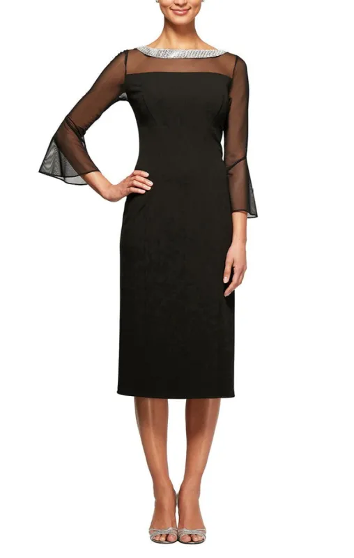 Petite Sheath Crepe Cocktail Dress with Beaded Illusion Neckline & Bell Sleeves sold by Alex Evenings