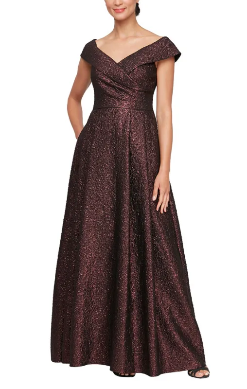 *Long Stretch Jaquard Off the Shoulder Ballgown sold by Alex Evenings