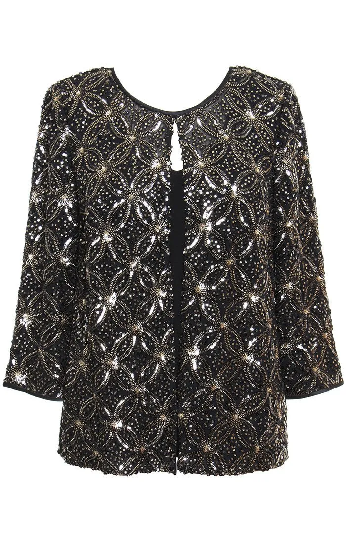 Plus 3/4 Sleeve Sequin Mock Twinset with Attached Hook Neck Jacket sold by Alex Evenings