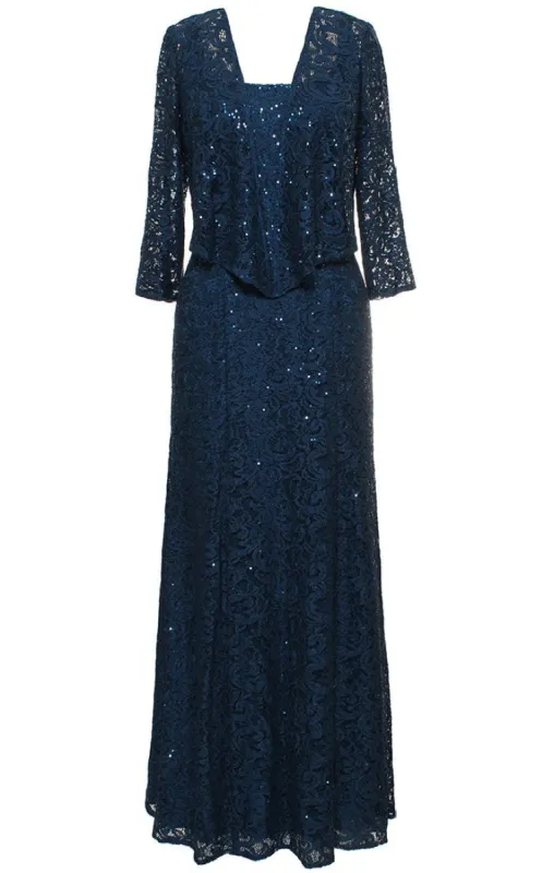 Plus - Long A-Line Jacket Dress With Illusion Cascade Jacket and Sequin Detail sold by Alex Evenings