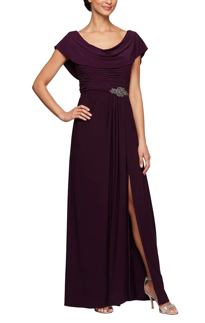 Petite Long Cowl Neck A-Line Matte Jersey Dress with Pleated Bodice Detail, Cowl Back, and Embellishment Detail sold by Alex Evenings product image thumbnail 3