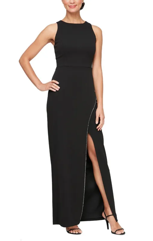 Regular - Sleeveless Crepe Column Dress with Rhinestone Trim Slit Detail sold by Alex Evenings