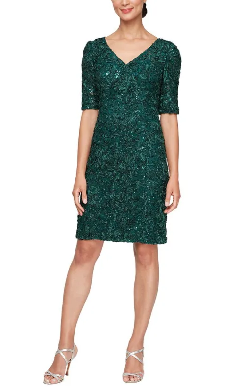 Regular - Short V-Neck Soutache Dress with Elbow Sleeves made by Alex Evenings