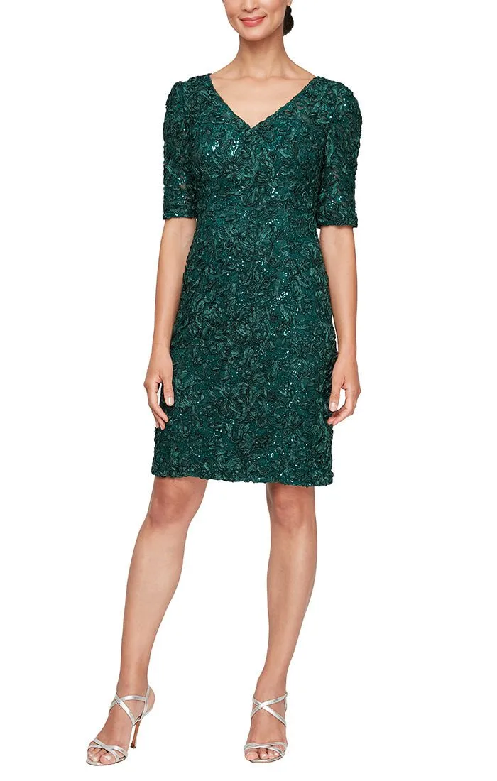 Regular - Short V-Neck Soutache Dress with Elbow Sleeves sold by Alex Evenings