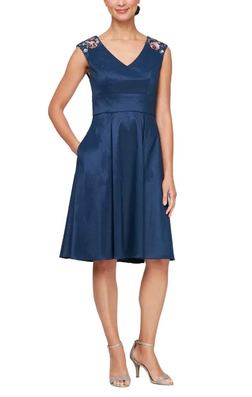Regular - V-Neck A-Line Taffeta Cocktail Dress with Embellished Embroidered Shoulder Detail sold by Alex Evenings