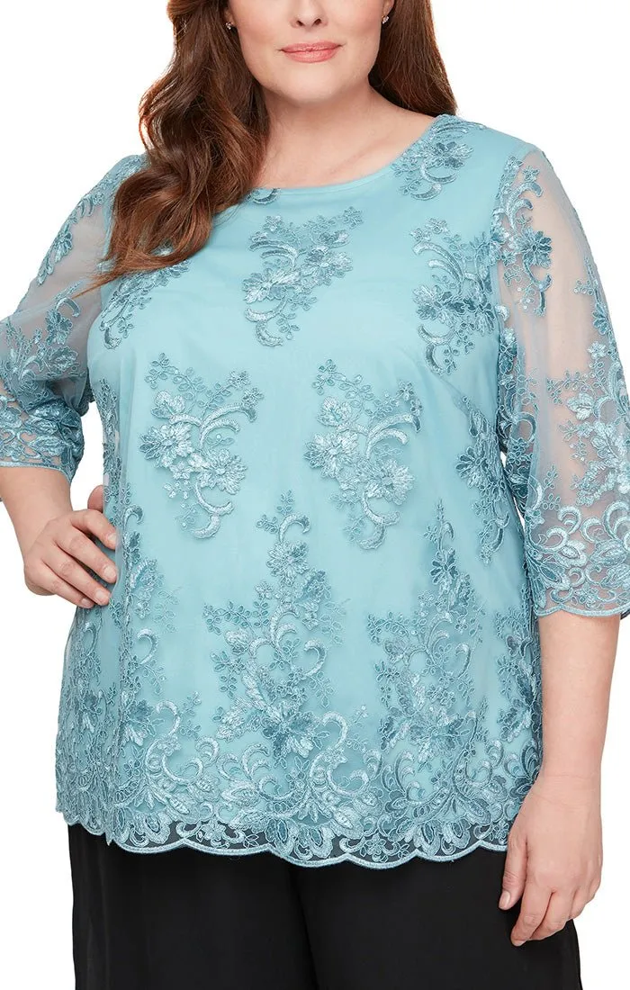 Plus Embroidered Tunic Blouse with Illusion Sleeves & Scallop Detail sold by Alex Evenings