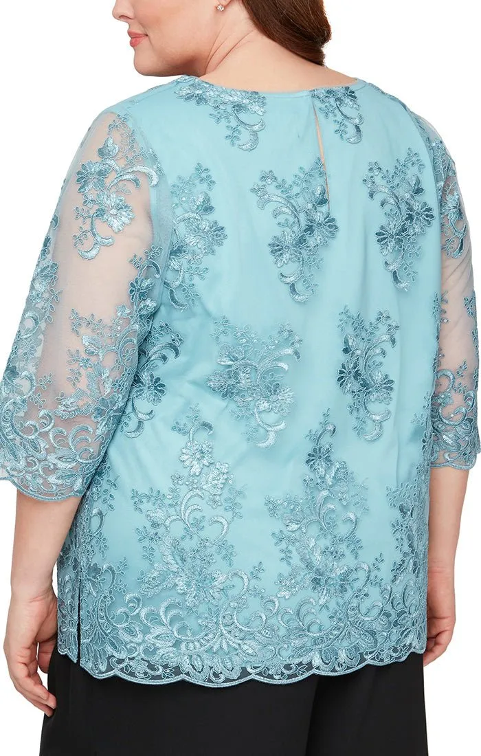 Plus Embroidered Tunic Blouse with Illusion Sleeves & Scallop Detail sold by Alex Evenings product image thumbnail 2