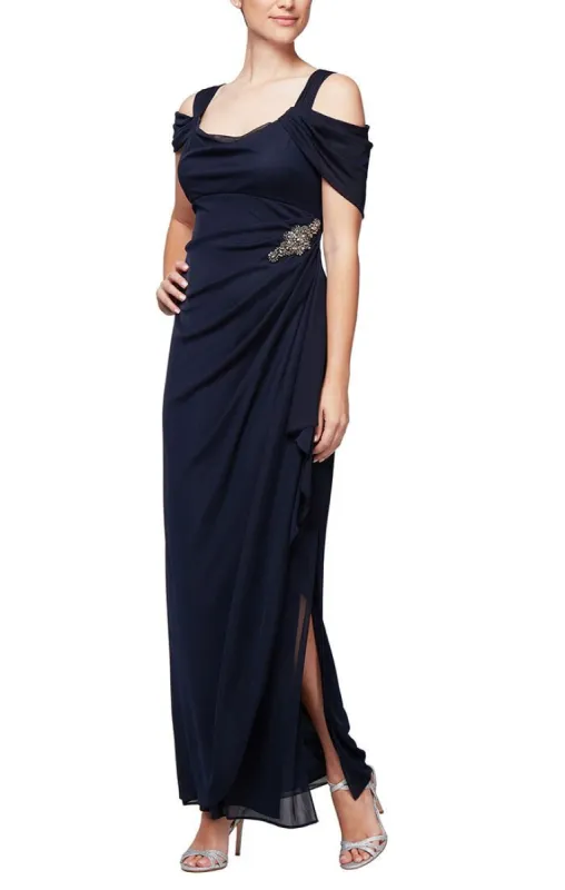 Petite Cold Shoulder Mesh Dress with Cowl Neckline sold by Alex Evenings