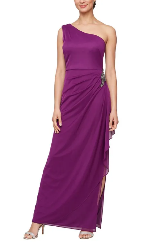 Regular - One Shoulder Mesh Gown with Beaded Hip Detail and Cascade Ruffle Skirt sold by Alex Evenings