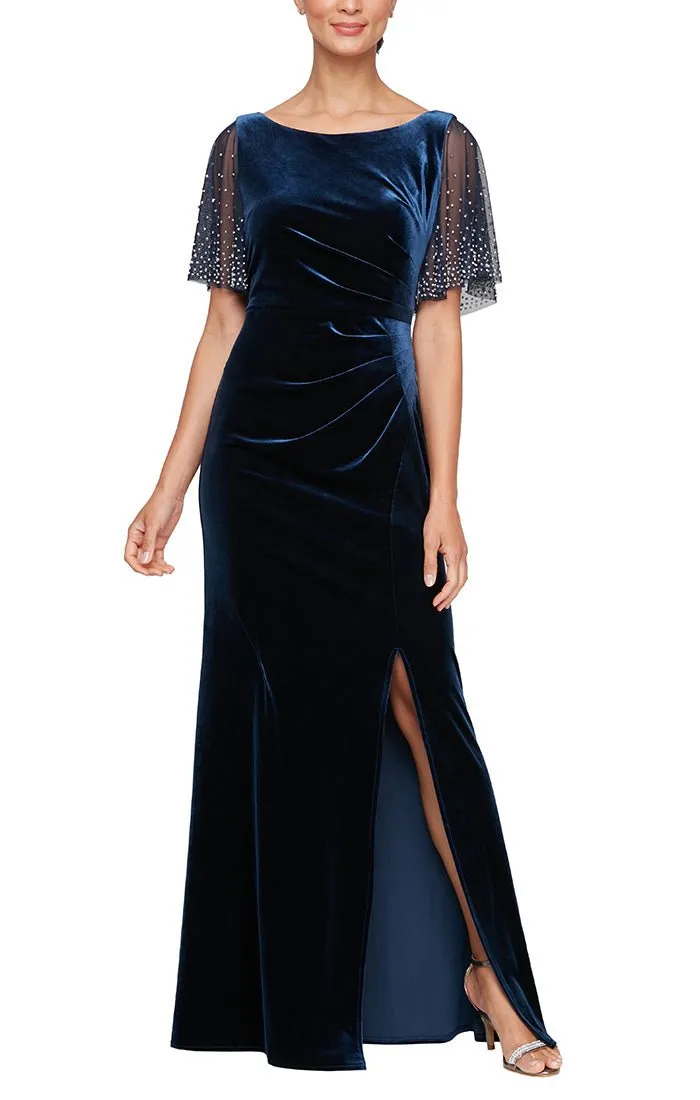 Long Velvet Fit and Flare Gown with Heat Set Illusion Flutter Sleeves and Front Slit sold by Alex Evenings