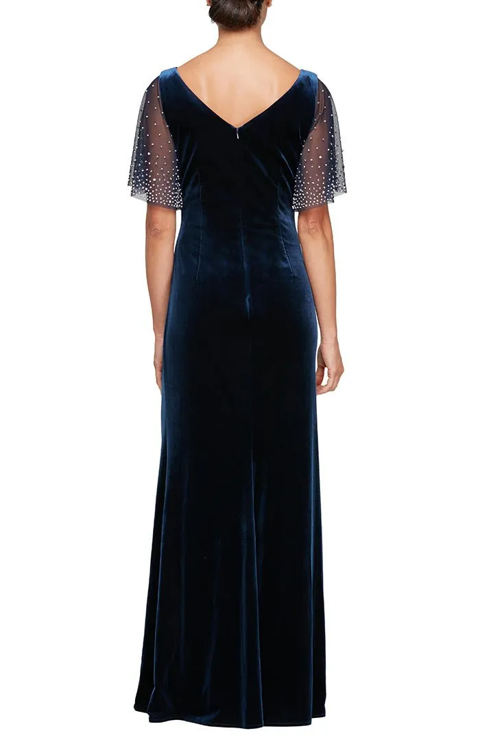 Long Velvet Fit and Flare Gown with Heat Set Illusion Flutter Sleeves and Front Slit sold by Alex Evenings product image thumbnail 2