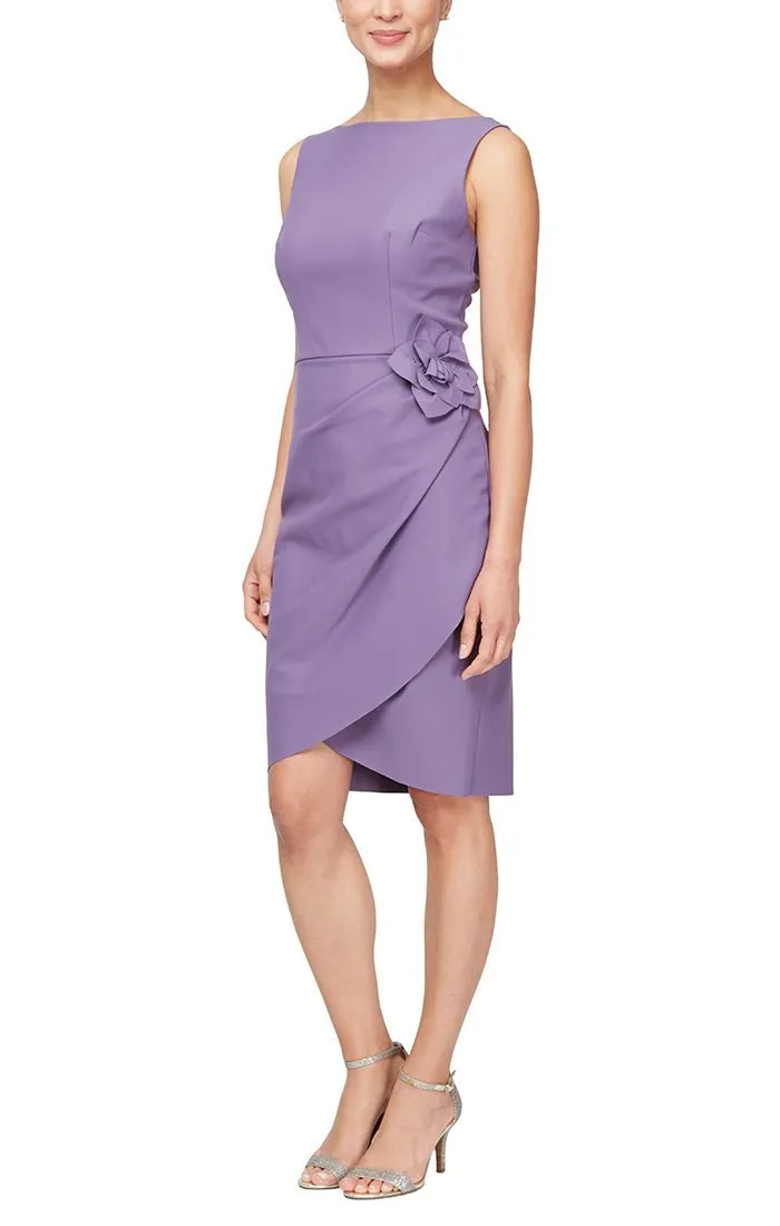 Short Sleeveless Compression Sheath Dress with Flower Detail at Hip sold by Alex Evenings