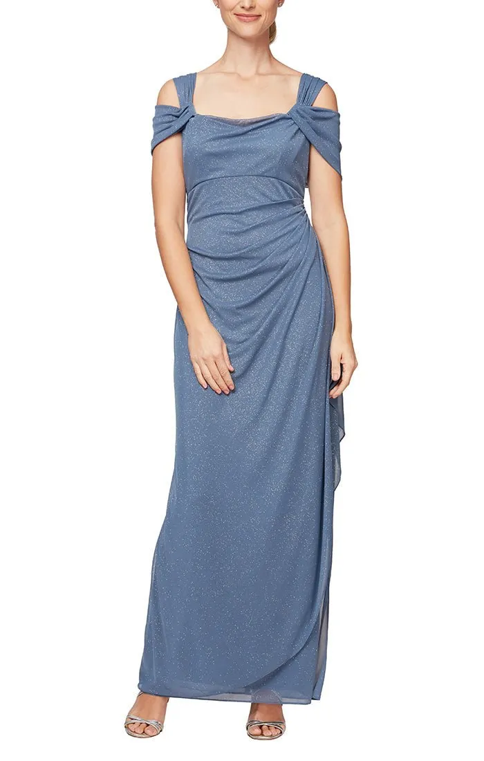 Petite Cold Shoulder Glitter Mesh Dress with Draped Skirt & Cowl Neckline sold by Alex Evenings product image thumbnail 2