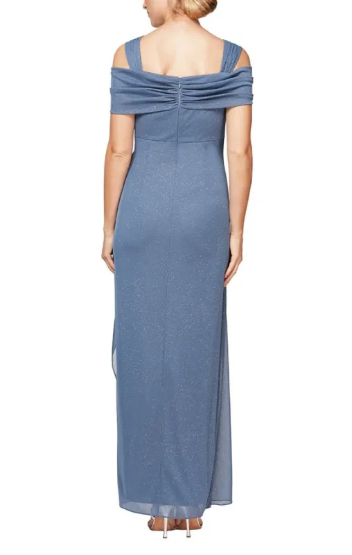 Petite Cold Shoulder Glitter Mesh Dress with Draped Skirt & Cowl Neckline sold by Alex Evenings