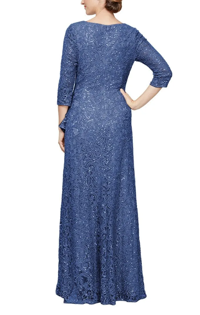Regular - Sequin Lace Gown with 3/4 Sleeves & Cascade Detail Front Slit sold by Alex Evenings product image thumbnail 2