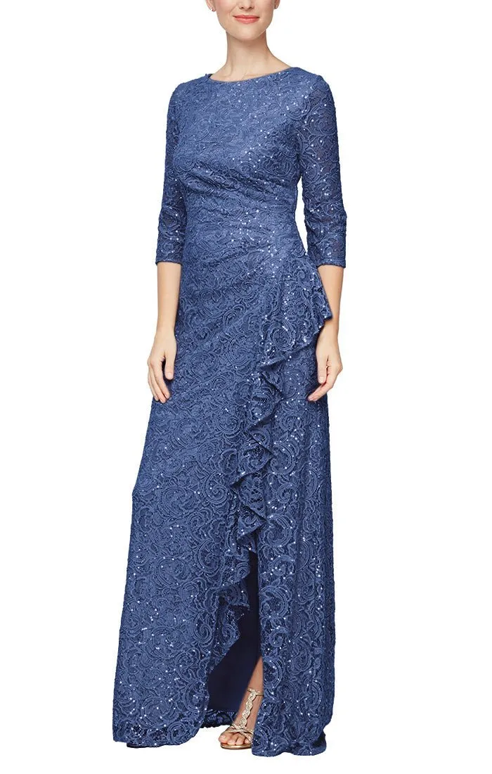 Regular - Sequin Lace Gown with 3/4 Sleeves & Cascade Detail Front Slit sold by Alex Evenings
