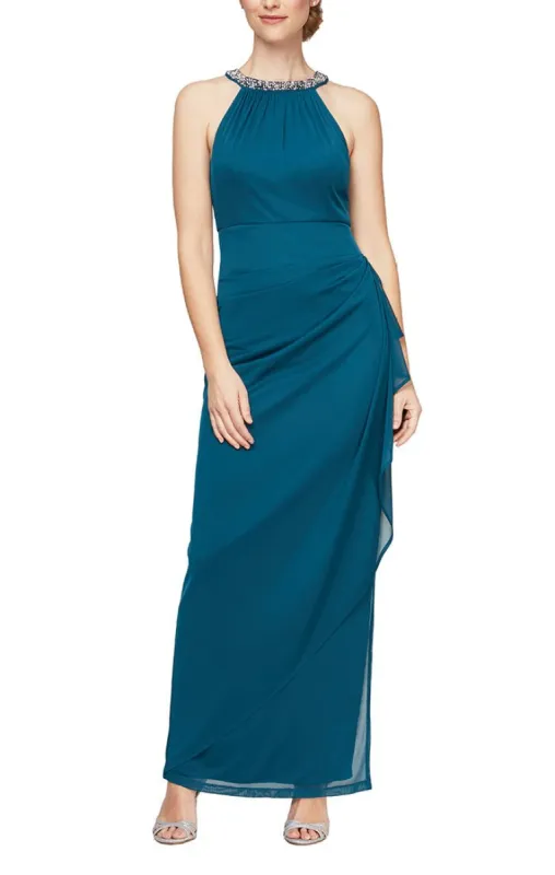Mesh Dress with Beaded Halter Style Neckline and Cascade Ruffle Detail Skirt sold by Alex Evenings