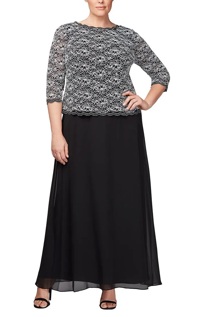 Plus Long Gown with Lace Bodice with 3/4 Illusion Sleeves, Scalloped Hem Detail and Chiffon Skirt sold by Alex Evenings