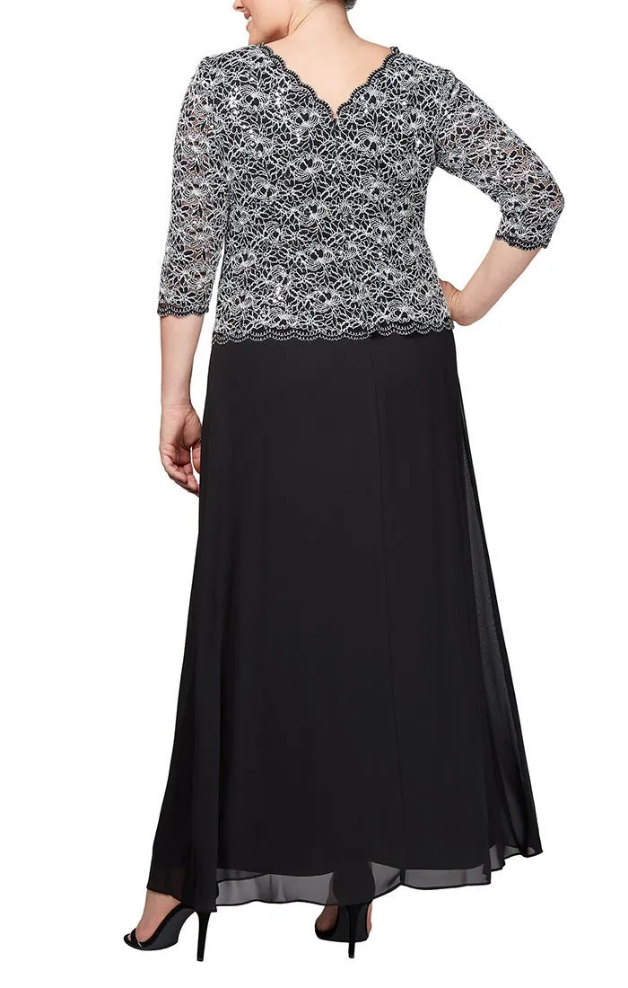 Plus Long Gown with Lace Bodice with 3/4 Illusion Sleeves, Scalloped Hem Detail and Chiffon Skirt sold by Alex Evenings product image thumbnail 2