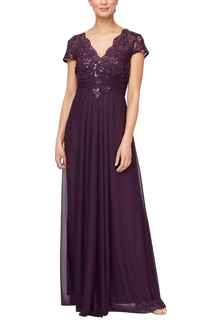 Long Surplice Neckline A-Line Dress with Embroidered Pleated Waist and Scallop Detail sold by Alex Evenings