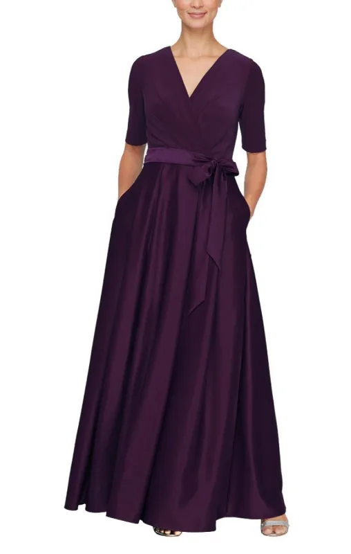 Surplice Neckline Ballgown with Full Satin Skirt & Jersey Bodice sold by Alex Evenings