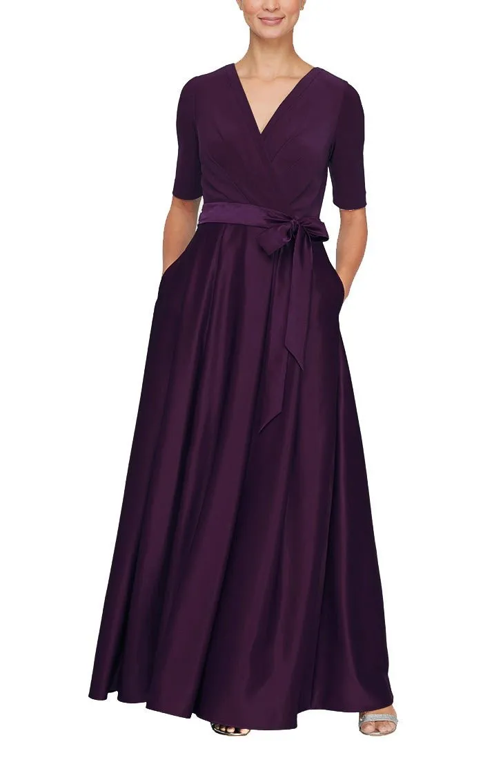 Surplice Neckline Ballgown with Full Satin Skirt & Jersey Bodice sold by Alex Evenings