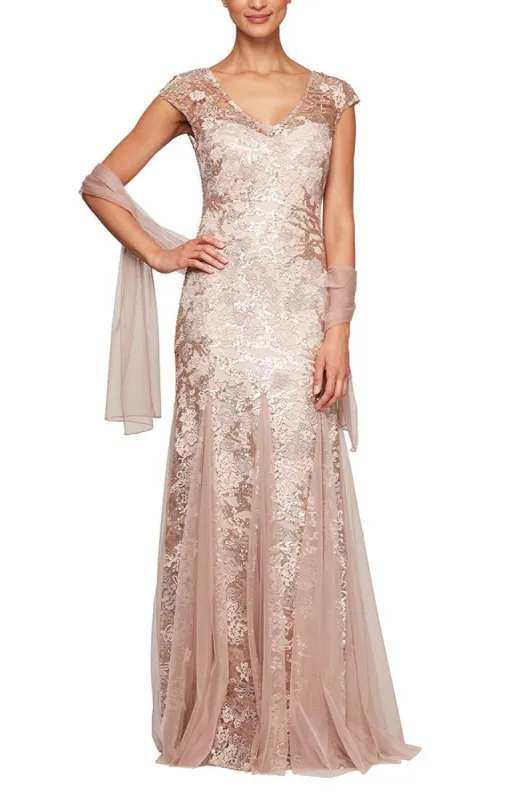 Long Cap Sleeve Embroidered Fit and Flare Dress With Godet Detail Skirt, Illusion V-Neckline and Shawl sold by Alex Evenings
