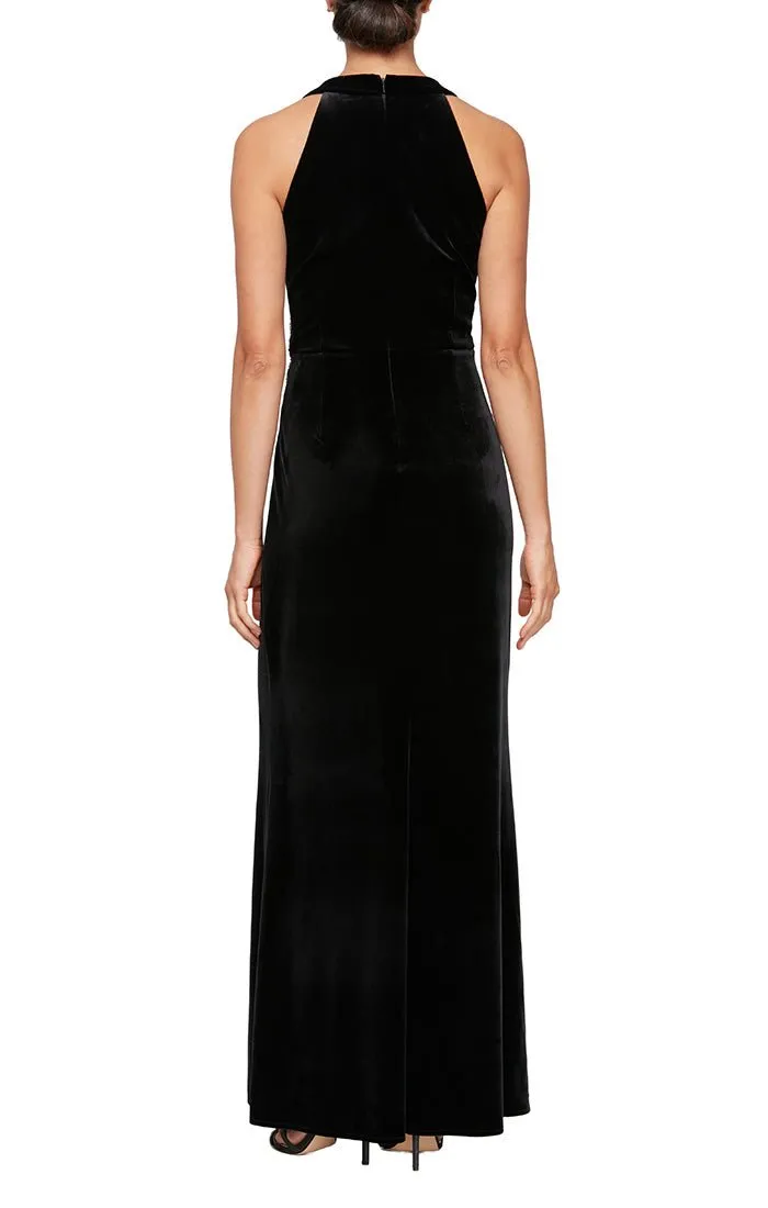 Regular - Halter Neck Velvet Dress with Illusion Inset Neckline, Beaded Hip & Front Slit sold by Alex Evenings product image thumbnail 2