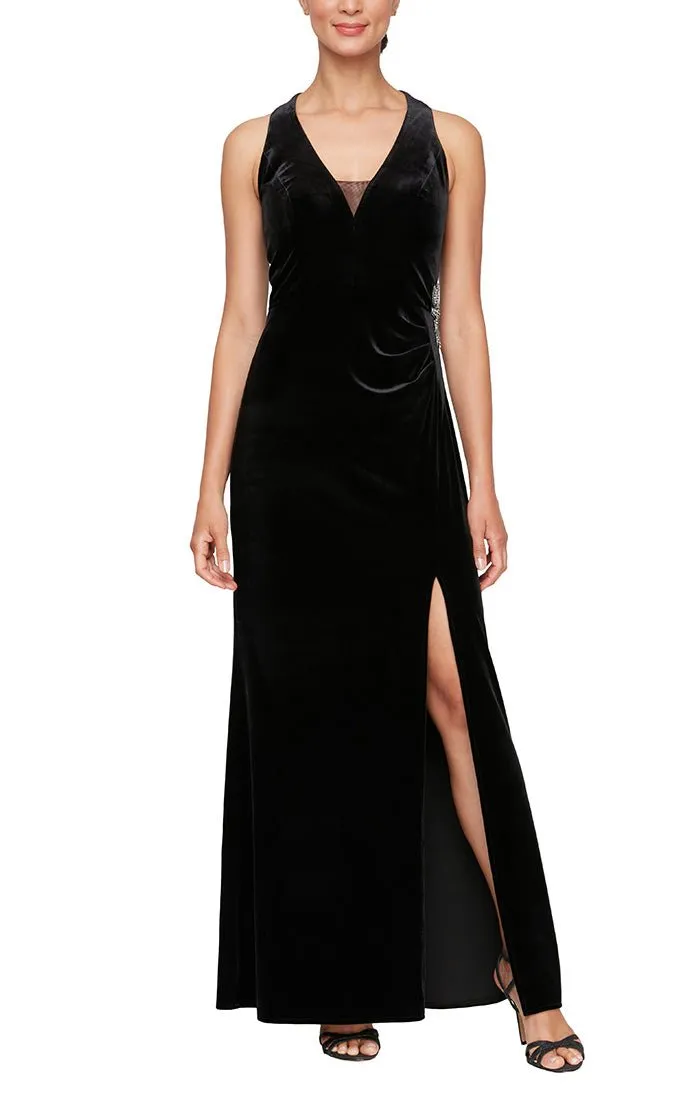Regular - Halter Neck Velvet Dress with Illusion Inset Neckline, Beaded Hip & Front Slit sold by Alex Evenings